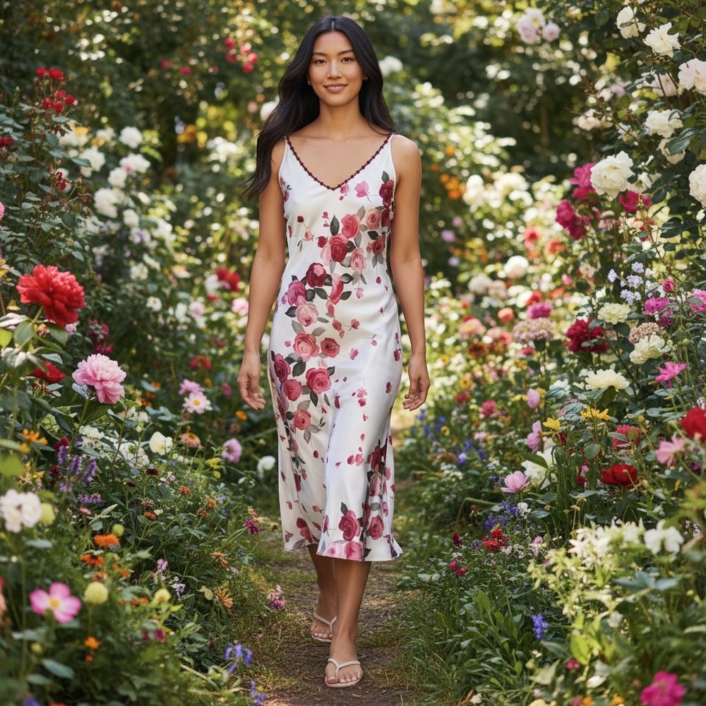 California Dynasty Vintage Slip Dress Floral Rose Satin Midi Red Roses Medium